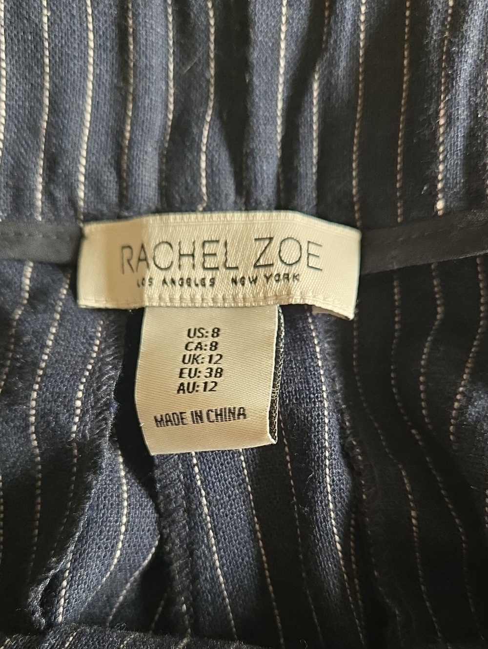 Rachel Zoe Navy Pinstripe Linen Blend Trousers Size 8 Tailored Wide Leg Pants - Picture 7 of 10